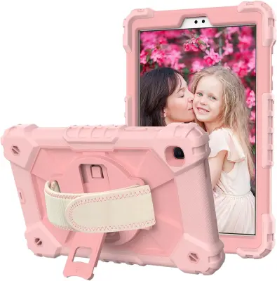 Ovitek za iPad 9.7 (2018/2017) s stojalom, ročajem in naramnim trakom, odporen na udarce, trislojna zaščita, roza barva