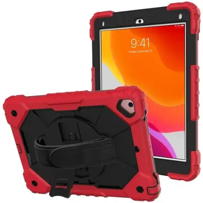 Ovitek za iPad 10.2 (2021/2020/2019) s stojalom, ročajem in naramnim trakom, troslojna odporna zaščita, rdeč