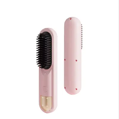 Brezžična ionska krtača za ravnanje las - ravnanje in kodranje, proti opeklinam, polnilna Pink