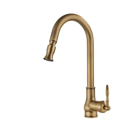 Antikno medeninasto kuhinjsko pipo, izvlečna šoba, enoročna kontrola, Anti