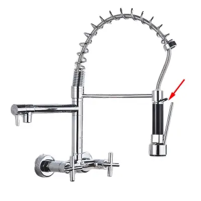 Kuhinjska pipa za montažo na steno, dvojni nosilec, potegni pršilnik, krom DK