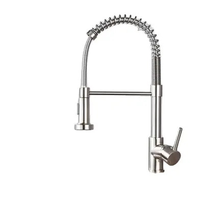 Kuhinjska pipa, potegni pršilnik, mesingova konstrukcija, en ročaj, brušen nikelj U