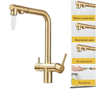 Kuhinjska pipa z dvema ročajema, funkcionalnost hladne in tople vode, trdna medenina, brušeno zla