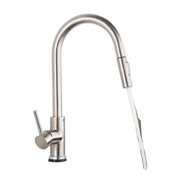 Kuhinjska pipa s izvlečnim izlivom, en ročaj, mesingova konstrukcija, brušen nik