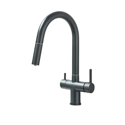 Kuhinjska pipa s potegljivo prho, dvojni ročaj za nadzor temperature, sodoben dizajn iz mesinga, mat čr