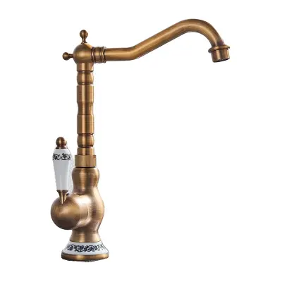 Antik medeninast kuhinjski pipa, 360-stopinjska rotacija, enojni ročaj za vročo in hladno mešanico, High A