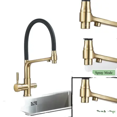 Kuhinjski pipa z dvema izlivoma, krmiljenje z ročico, vroča in hladna voda, brušeno zlat