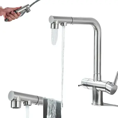 Kuhinjska pipa za filtrirano vodo, dvojna ročica, 360° rotacija, izvlečna prha, brušen nikelj