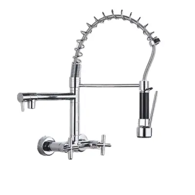 Kuhinjska pipa, dvojni ročaji, stenska, kromirana z zaponko