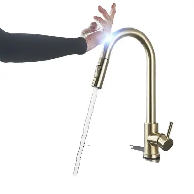 Izvlečna kuhinjska pipa, senzor nadzor, nerjaveče jeklo, brušeno zlat