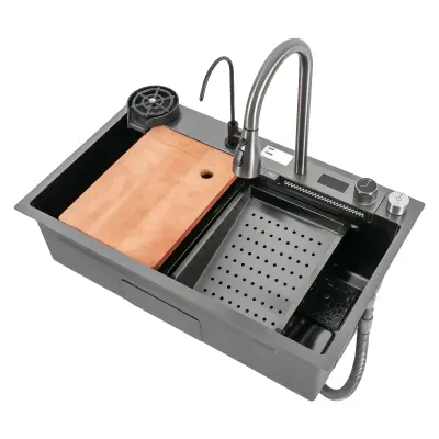 Kuhinjski umivalnik, dvojna posoda, izvlečna pipa -črna