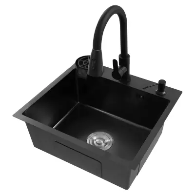 Kuhinjski umivalnik, izvlečna pipa, izpiralo za skodelice -črna