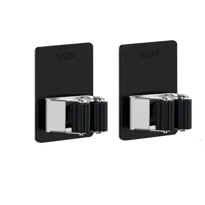 2 Kos Črn Stenski Nosilec za Mop iz Nerjavečega Jekla z Lepilom