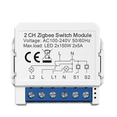 ZigBee Smart Switch Module - 2 Gang, White, Mini Size