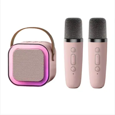 Prenosni Bluetooth Karaoke Zvočnik z Dvojnimi Mikrofoni in Zvočnikom Pink