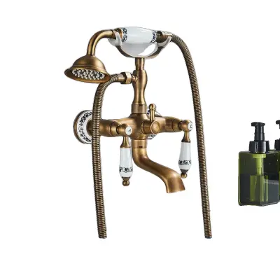 Kopalniška tuš pipa, končna obdelava starinskega mesinga, dizajn z dvema ročajema, starinski mesi