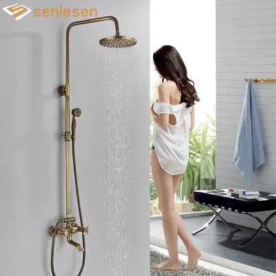 Antický mosadzný sprchový batériový set, nastaviteľná výška 70-120cm, dvojité ovládanie