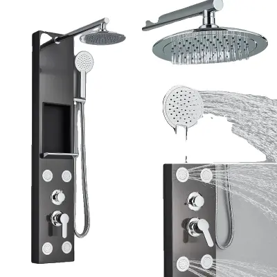 Kopalniška stenska tuš plošča, visokokakovostno nerjaveče jeklo, fleksibilne možnosti tuširanja, 7001 črna