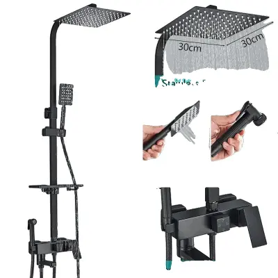 Mosadzný sprchový batériový set, 3-cestný miešací ventil, nastaviteľná výška - Čierna 4cestná 12palcová