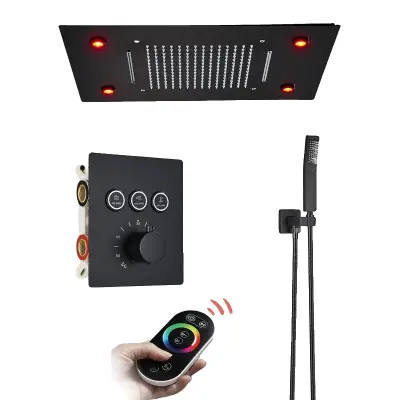 LED sprchový systém s dažďom, termostatická regulácia, diaľkové ovládanie - Matný čierny B set