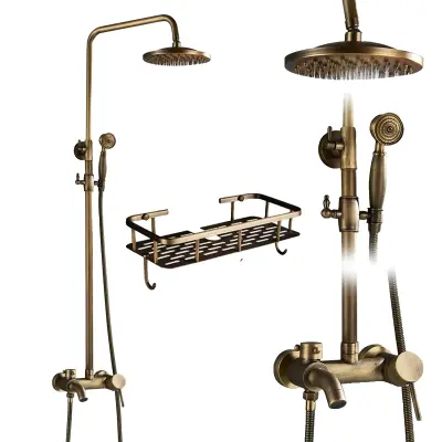 Antický mosadzný sprchový batériový set, nastaviteľná výška 70-120cm, dvojité ovládanie - Antiková mosadzová polica B
