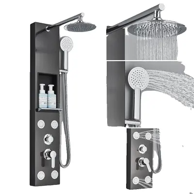 Sprchový panel s batériou, masážny jet, dažďová sprcha - čierna-F-7001