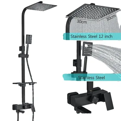 Mosadzný sprchový batériový set, 3-cestný miešací ventil, nastaviteľná výška - Čierna 3cestná 12palcová