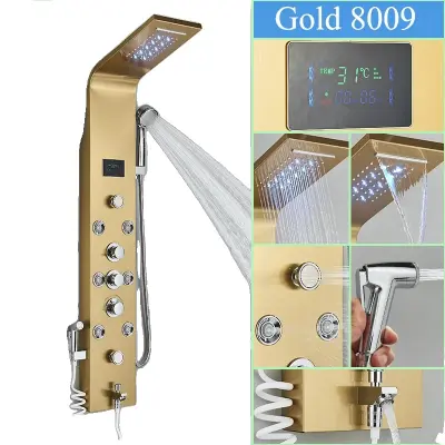 LED Teplomer na Sprchový Panel, 6 Vodných Módov, Odolná Nerezová Oceľ - Zlatá-L-8009
