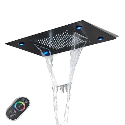 LED deževna tuš glava, stilna kromirana obdelava, trpežna nerjaveča jeklena, zasnova za montažo na strop, mat čr