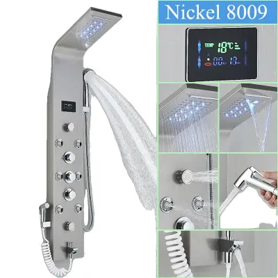 LED prikaz temperature tuš panel, 6 načinov vode, trpežna nerjaveča jeklena, Nickel-L-
