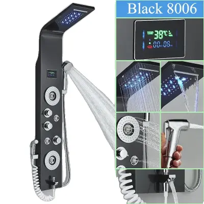 LED Teplomer na Sprchový Panel, 6 Vodných Módov, Odolná Nerezová Oceľ - Čierna-L-8006