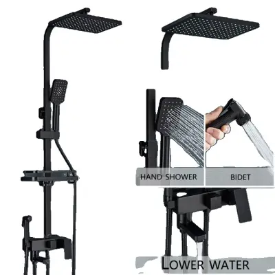 Súprava sprchovej batérie, nástenná, vaňa s dažďovou vodou - 4-cestný ABS čierny