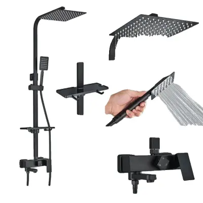 Súprava sprchovej batérie do kúpeľne, dizajn s dažďom, systém na stenu - Čierna D 10 palcov