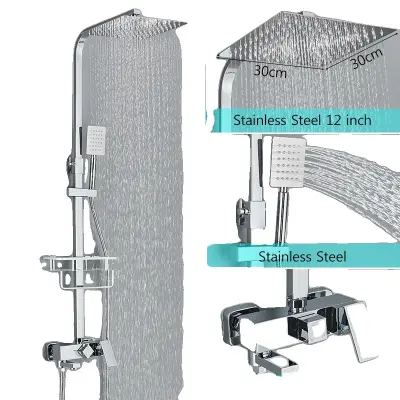 Mosadzný sprchový batériový set, 3-cestný miešací ventil, nastaviteľná výška - Chróm 3cestný 12palcový