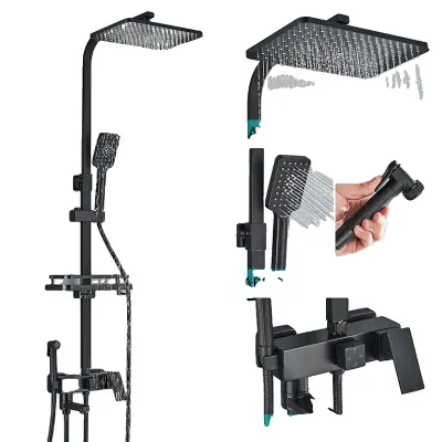 Mosadzný sprchový batériový set, 3-cestný miešací ventil, nastaviteľná výška - Čierna 4way ABS