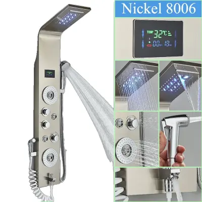 LED Teplomer na Sprchový Panel, 6 Vodných Módov, Odolná Nerezová Oceľ - Nikel-L-8006