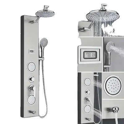 Sprchový panel s batériou, masážny jet, dažďová sprcha - niklový-F-7004