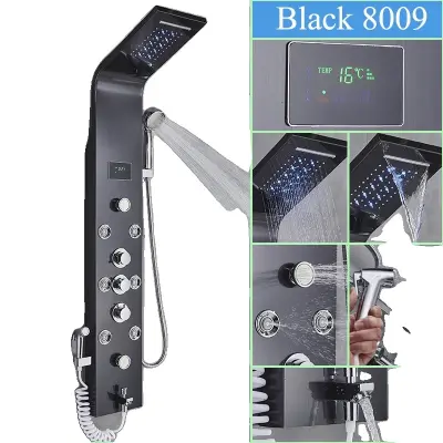 LED Teplomer na Sprchový Panel, 6 Vodných Módov, Odolná Nerezová Oceľ - Čierna-L-8009