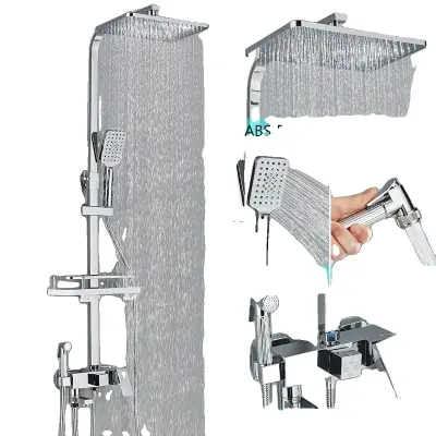 Mosadzný sprchový batériový set, 3-cestný miešací ventil, nastaviteľná výška - Chróm 4way ABS