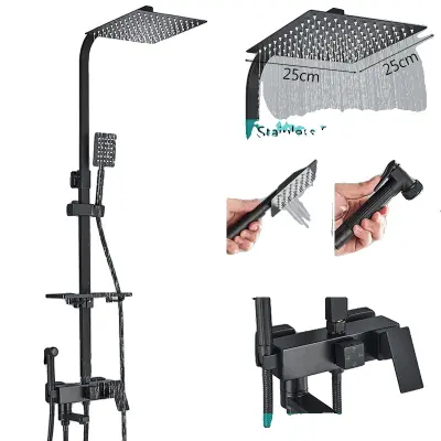 Mosadzný sprchový batériový set, 3-cestný miešací ventil, nastaviteľná výška - Čierna 4way 10palcová