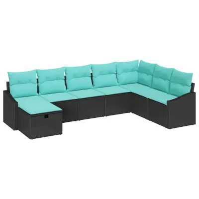 vidaXL Vrtna sedežna garnitura z blazino 8 pcs Črna Poly ratan