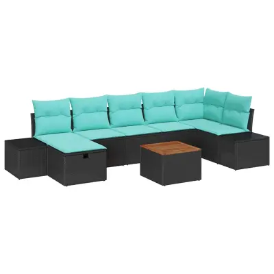vidaXL Vrtna sedežna garnitura z blazino 8 pcs Črna Poly ratan