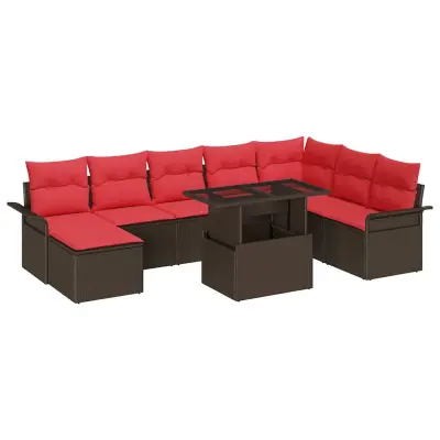vidaXL Vrtna sedežna garnitura z blazino 9 pcs Rjava Poly ratan