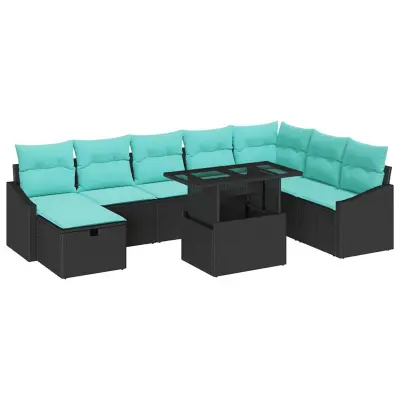vidaXL Vrtna sedežna garnitura z blazino 9 pcs Črna Poly ratan