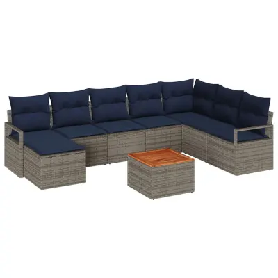 vidaXL Vrtna sedežna garnitura z blazino 9 pcs Siva poli ratan