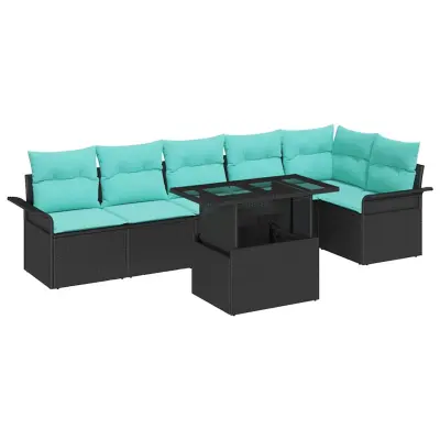 vidaXL Vrtna sedežna garnitura z blazino 7 pcs Črna Poly ratan