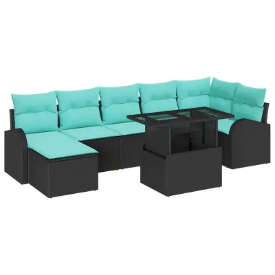 vidaXL Vrtna sedežna garnitura z blazino 8 pcs Črna Poly ratan