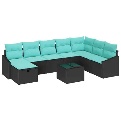 vidaXL Vrtna sedežna garnitura z blazino 9 pcs Črna Poly ratan