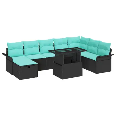 vidaXL Vrtna sedežna garnitura z blazino 9 pcs Črna Poly ratan