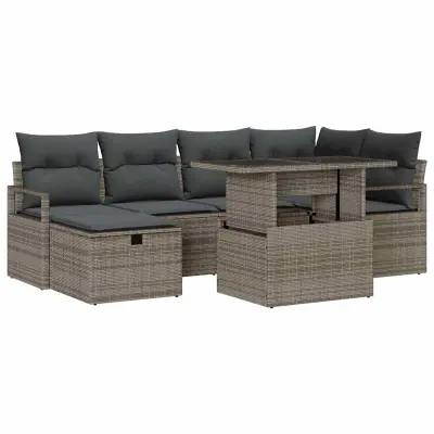 vidaXL Vrtna sedežna garnitura z blazino 7 pcs Siva Poly ratan